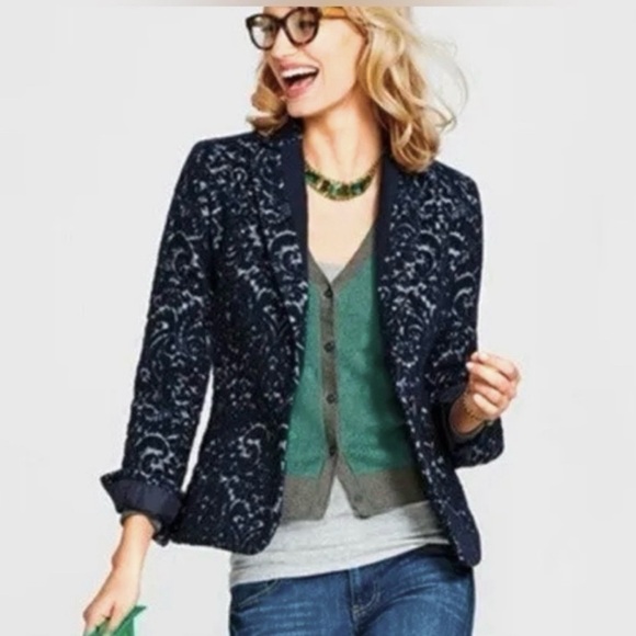 CAbi Jackets & Blazers - CAbi Blazer Jacket 6 Jacquard Textured Navy Blue Wool Blend Flocked